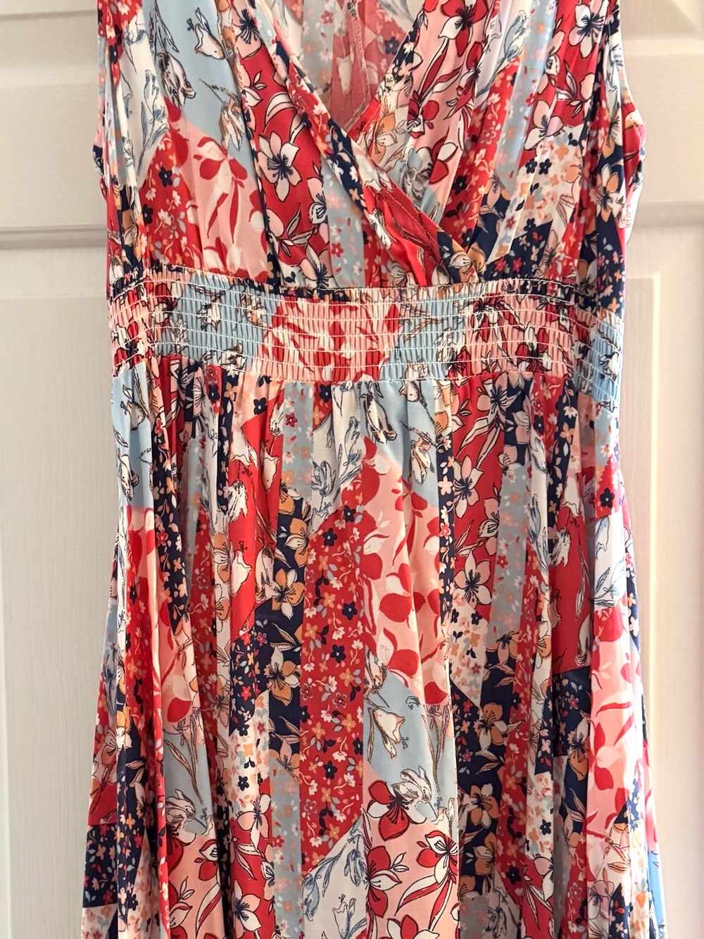 Floral Patchwork Midi Dress in Coral, Light Blue & Navy